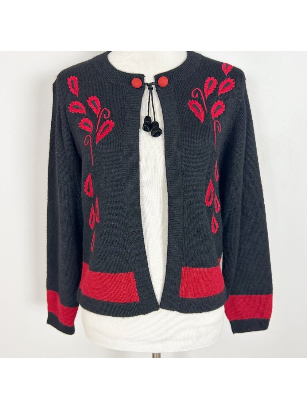 Alpaca Style Black & Red 100% Alpaca Cardigan Sweater Tassel Tie Size Medium
